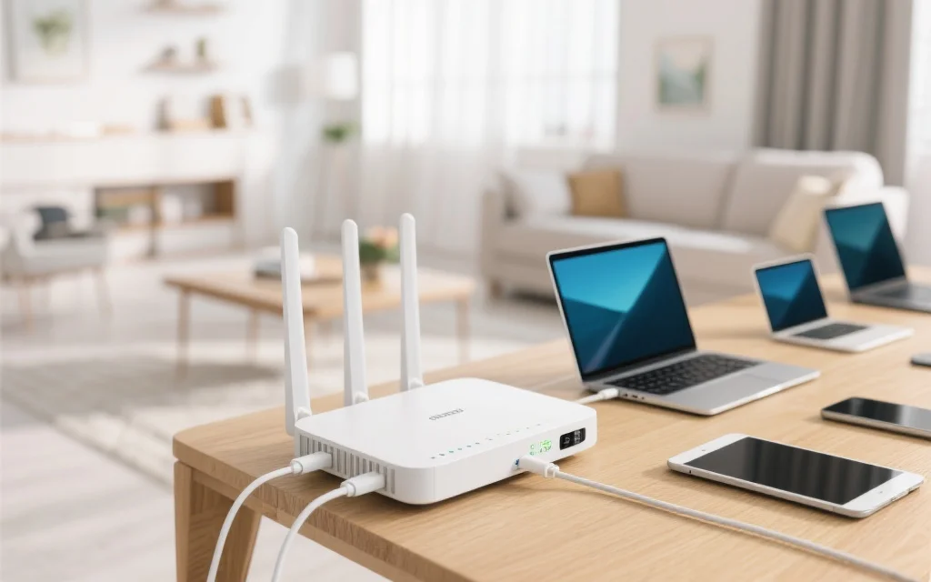 现代家庭场景中，路由器与多台设备稳定连接，环境明亮整洁